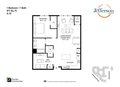 Floor plan for 1 bed, 1 bath, 971 sqft